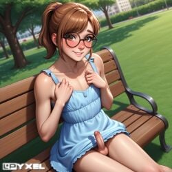 1boy 1femboy ai_generated blush blush brown_eyes brown_hair bushy_eyebrows cute cute_male dress emily_(lpyxel) erection femboy flat_chest flat_chested freckles freckles_on_face girly glasses highres lpyxel original original_character outdoors park park_bench ponytail public round_glasses self_upload shy shy_smile sissy sitting small_penis smile sundress thick_eyebrows watermark