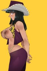 1girls ass big_ass big_breasts black_hair blue_eyes blunt_bangs breasts breasts_out clothed clothing cowboy_hat female female_only flytrapxx hat large_breasts nico_robin nipples no_bra one_piece open_shirt pre-timeskip profile sabaody_archipelago side_view smile solo tan_skin