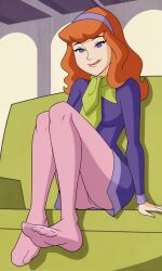 ai_generated breasts cartoon_network daphne_blake daphne_blake_(mystery_incorporated) dress feet foot_fetish green_scarf pantyhose pink_pantyhose purple_dress red_hair scarf scooby-doo scooby-doo!_mystery_incorporated sitting