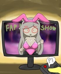 bunny_ears bunnysuit english_text fully_clothed knife my_ghost_friend remote surprised susie_(dsand) tv