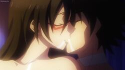 1boy 1girls animated anime_screenshot black_hair brown_hair closed_eyes drooling female french_kiss from_side glasses hasegawa_chisato highres indoors interior kissing long_hair male mature mature_female mature_woman nude open_mouth passionate pointy_hair saliva screencap shinmai_maou_no_testament short_hair sound straight tagme teeth tongue tongue_out toujou_basara video