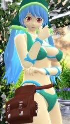 1girls 2024 3d_(artwork) armwear bag bikini blue_hair deity divine_spirit garden god green_headwear hati_yukkuri_mmd headkerchief headwear keiki_haniyasushin light-skinned_female long_hair_female looking_at_viewer mature_female mmd red_eyes solo_female solo_focus sunset swimsuit touhou wily_beast_and_weakest_creature