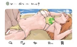 1boy amanda_kenny bikini bleach breasts clover_print commentary_request commission female inoue_orihime long_hair navel orange_hair skeb_commission straight swimsuit vaginal_penetration yellow_bikini