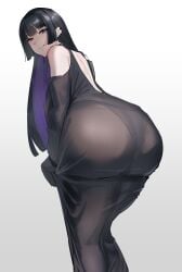 ass black_dress black_hair bocchi_the_rock! closed_mouth colored_inner_hair dress ear_piercing female highres huge_ass i_kitsugi leaning_forward long_hair long_sleeves looking_at_viewer looking_back multicolored_hair pa-san pantylines piercing purple_hair simple_background smile solo standing white_background