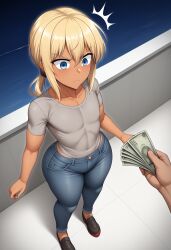 2boys ai_generated annoyed ass blonde_hair blue_eyes denim denim_pants grey_shirt huge_ass looking_at_viewer low_ponytail male_pov money offering_money original pants pov prostitution shirt surprised tan_skin thick_thighs yaoi yoshi_tama_(style)