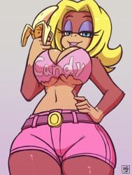 1girls anthro banana big_ass big_breasts blonde_hair blue_eyes booty_shorts candy_kong cleavage deathzera donkey_kong_(series) eyelashes eyeshadow fruit hand_on_hip hi_res huge_breasts lipstick looking_at_viewer makeup mascara monkey monkey_girl nintendo pink_lipstick pink_shorts primate rareware seductive seductive_look smile tank_top thick_thighs topwear video_games wide_hips