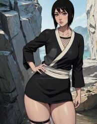 1girls ai_generated athletic_female black_hair brown_eyes godexiamage hand_on_hip large_breasts naruto naruto_(series) shizune short_dress single_female thick_thighs