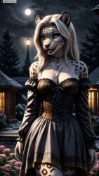 ai_generated animal_ears anthro artist_name breasts cleavage corset dress fangs female female_anthro flower full_moon furry furry_female hi_res high_resolution highres long_hair moon necklace night outdoors photorealistic realistic sky solo stable_diffusion twitter twitter_username watermark white_hair yellow_eyes yiffyjiffy2 yiffyjiffy69