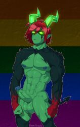 abs absurd_res arm_spikes balls blue_nipples blue_spots curved_horn demon demon_humanoid erection genitals green_body green_sclera green_skin hair half-closed_eyes hi_res horn humanoid humanoid_genitalia humanoid_penis humanoid_pointy_ears lapinbeau lgbt_pride lgbt_pride_month male markings multicolored_body multicolored_skin muscle_tone muscular muscular_humanoid muscular_male narrowed_eyes nipples nude pecs penis rainbow_background red_hair red_markings shoulder_spikes simple_background solo spade_tail spikes spikes_(anatomy) spots tail two_tone_body two_tone_skin