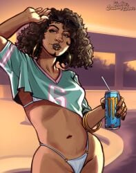 1girls 2d bikini_bottom bikini_top crop_top cropped_shirt curly_hair curvaceous curvaceous_female curvaceous_figure curves curvy curvy_body curvy_female curvy_figure curvy_hips dark-skinned_female dark_skin digital_drawing_(artwork) digital_media_(artwork) earrings grand_theft_auto grand_theft_auto_vi gta_vi_cover_girl joakadraws looking_at_viewer monster_energy monster_energy_can monster_energy_drink oc original original_character panties pose posing rockstar_games shirt showing_off sunglasses sunglasses_on_head tan-skinned_female tan_body tan_skin tanned_skin thick_thighs watermark white_panties