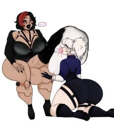 1futa 1girls balls big_ass big_breasts big_penis bottom_heavy bottomless breasts clothed clothing condom condom_filling cum dark-skinned_futanari dark_skin ejaculation erection etherevl excessive_cum female fully_clothed futa_on_female futanari gigantic_ass goth huge_ass huge_cock human jinji_ryoshi kneeling light-skinned_female light_skin orgasm partially_clothed penis thick_thighs two_tone_hair white_hair wide_hips yellow_eyes