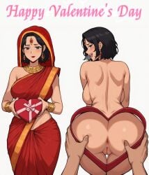 ai_assisted ai_generated anus ass ass_focus ass_grab bindi clothed/nude gold_jewelry hairless_pussy indian_clothes indian_female jewelry lipstick looking_back pussy red_clothing saree sari smiling valentine's_day viewed_from_behind