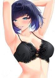 blue_hair bra breasts female_only genshin_impact green_eyes lacy_bra lipstick smile smiling underwear yelan_(genshin_impact)