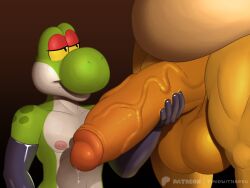 anthro balls belly big_balls big_belly big_penis bodily_fluids bowser clothing digital_media_(artwork) duo fan_character genital_fluids genitals gloves green_yoshi handwear hi_res holding_penis huge_balls huge_cock huge_genitalia humanoid_genitalia humanoid_penis latex latex_clothing latex_gloves latex_handwear legwear male male_only mario_(series) markings mostly_nude muscular nintendo nipples nude overweight penis precum reptile scalie spots spotted_body super_mario_bros. timidwithapen vein veiny_penis yoshi