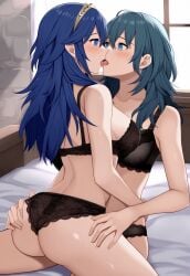 2girls ai_generated ass ass_grab bare_shoulders bed bedroom blue_eyes blue_hair blush breast_press breasts byleth_(fire_emblem) byleth_(fire_emblem)_(female) female female_only fire_emblem fire_emblem:_three_houses fire_emblem_awakening kissing lingerie long_hair lucina_(fire_emblem) multiple_girls nintendo on_bed sitting tongue tongue_kiss tongue_out underwear window yuri