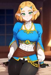 ai_generated bedroom blonde_hair blue_shirt elf elf_ears gloves green_eyes looking_at_viewer medium_breasts night pants primosan princess_zelda short_hair sitting tears_of_the_kingdom the_legend_of_zelda zelda_(tears_of_the_kingdom)