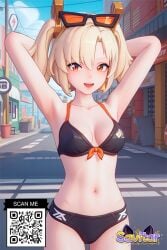 :d ai_generated alternative_costume armpits arms_behind_head arms_up artist_name bangs bikini black_bikini black_swimsuit blonde_hair blue_sky blush breasts building clavicle clothing cowboy_shot crosswalk day eyewear eyewear_on_head fate/grand_order fate_(series) female female front-tie_bikini_top front-tie_top goggles goggles_on_head littlehentai long_hair looking_at_viewer medium_breasts midriff navel open_mouth orange_eyes outdoors ponytail red_eyes road savitar savitar_(artist) sign sky smile solo standing stomach street sunglasses swimsuit tied_hair twintails upper_teeth_only