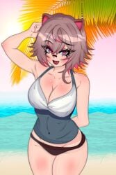 1girls animal_ears beach breasts brown_hair day kemonomimi latam_virtual_youtuber looking_at_viewer multicolored_hair outdoors public raccoon_ears raccoon_girl rakkun red_eyes red_hair short_hair solo_female swimsuit tagme thighs virtual_youtuber vtuber vtuberfanart wicho_mask