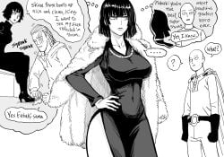 1girls bald bald_man bb_(baalbuddy) big_breasts boot_worship boots breasts coat dress english english_text female femdom fit_female fubuki_(one-punch_man) funny high_heel_boots high_heels king_(one-punch_man) large_breasts light-skinned_female long_dress male mature_female meme multiple_boys navel one-punch_man saitama shirt_hair short_hair_female slim_waist text text_bubble thick_ass thick_thighs white_background white_coat wide_hips