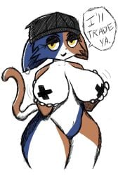 absurd_res anthro ass beanie belly big_breasts big_ears big_eyes breasts calico_cat calico_pattern cheek_tuft cleavage clothed clothing digital_media_(artwork) domestic_cat ear_piercing english_text epic_games eyebrows eyeshadow facial_tuft felid feline felis female fingers fortnite fortnite:_battle_royale fur hat headgear headwear hi_res holding_breast huge_breasts looking_at_viewer makeup mammal meow_skulls meow_skulls_(fortnite) mushkoe narrowed_eyes navel nipple_tape nude open_mouth pasties piercing simple_background smile solo speech_bubble tail tape text thick_thighs thighs_together tuft wide_hips yellow_eyes