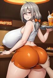 1boy ahoge ai_generated alcohol angry ass ass_grab bangs bare_shoulders beer beer_mug blush bow breasts brown_eyes cleavage covered_nipples cup employee_uniform female food french_fries gigantic_breasts girls'_frontline grey_hair gritted_teeth hair_between_eyes hairbow helianthus_(girls'_frontline) holding holding_object hooters hooters_uniform indoors long_hair mature_female midriff milf monocle mug orange_shorts plate plump sagging_breasts self_upload shiny_skin short_shorts shorts solo takaman_(gaffe)_(style) tank_top thick_thighs thighs tray uniform waitress