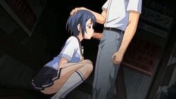 animated blue_hair bus_stop censored clothed fellatio hair hand_on_head oral school_uniform skirt socks tsukuyama_nagisa uhou_renka