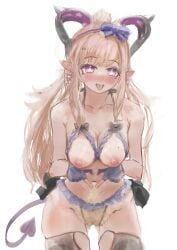 1girl absurdres arknights arknights:_endfield ass_visible_through_thighs blonde_hair blonde_pubic_hair blue_bow blue_gloves bow breasts cleavage clione_(shinobusc2) colored_pubic_hair commentary cowboy_shot english_commentary excessive_pubic_hair female_pubic_hair four-finger_heart_hands gloves hair_bow hairband heart heart_hands highres horns large_breasts liino_(arknights) lingerie long_hair mole mole_on_breast navel nipples open_mouth partially_fingerless_gloves pointy_ears ponytail pubic_hair purple_eyes purple_hairband purple_tail pussy revealing_clothes simple_background solo star-shaped_pupils star_(symbol) symbol-shaped_pupils tail tongue tongue_out underwear variant_set white_background