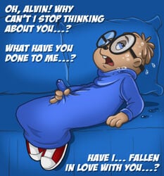 alvin_and_the_chipmunks bed blue_background blue_eyes bulge clothing ekuhvielle english_text erection eyewear gay glasses incest male masturbation no_humans penis plain_background shoes simon_seville sweat teeth text turtleneck