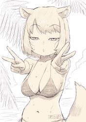 1girls animal_ears bangs bare_arms beach bikini blush breasts cleavage clothing double_v dutch_angle female fox_ears fox_girl fox_tail half-closed_eyes halterneck hands_up kemono_friends large_breasts looking_at_viewer masuyama_ryou medium_hair monochrome navel open_mouth outdoors outstretched_arms palm_tree parted_lips short_hair side-tie_bikini_bottom sketch solo stomach string_bikini swimsuit tail tibetan_sand_fox_(kemono_friends) tree tsurime v wet wings