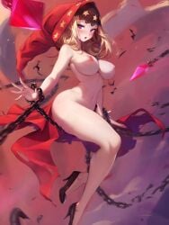 blonde_hair blush breasts broken_chain chains cloak female female_focus gypsy high_heels highres hood jewelry large_breasts looking_at_viewer mitsu_art nipples nude odin_sphere open_mouth purple_eyes red_hood ring sitting solo star_(symbol) velvet_(odin_sphere) wide_hips