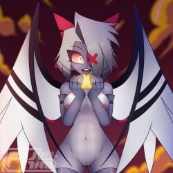 1girls angel angel_wings apple areolae breasts female female_only fkimnsfw grey_body grey_skin hazbin_hotel nipples open_mouth open_smile pussy smile solo thick_thighs tongue vaggie_(hazbin_hotel) vivienne_medrano vivziepop white_hair wings