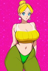 ai_generated blonde_hair blue_eyes curvy_figure cute earrings hair_bun hips hourglass_figure medium_ass original_character parted_bangs see-through_clothsee sleeveless sparkill ssktch topwear yellow_topwear