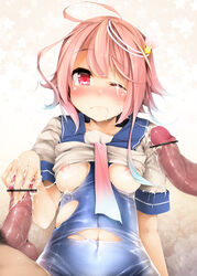 ahoge bar_censor blush breasts bukkake censored cum cum_on_body cum_on_breasts cum_on_upper_body facial female flower hair_flower hair_ornament handjob i-58_(kantai_collection) kantai_collection looking_at_viewer multiple_penises nipples penis personification pink_hair red_eyes school_swimsuit school_uniform serafuku serizawa_mutsuki shirt_lift short_hair solo_focus swimsuit swimsuit_under_clothes tears torn_clothes torn_swimsuit wink