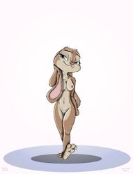 3_toes anthro blue_eyes breasts brown_fur disney ears_down fan_character female fur hi_res lagomorph mammal navel nipples nude pussy rabbit simple_background small_breasts solo toes walking white_background ziegelzeig zootopia