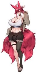 1futa big_breasts big_bulge big_hips big_thighs bulge bulge_through_clothing bulge_under_clothes busty clothed clothing curves curvy flaccid futa_only futanari huge_breasts light-skinned_futanari light_skin partially_clothed red_eyes red_hair shorts slippers solo stockings sweater tail thong unbeller white_background white_shirt wide_hips wolf_ears wolf_tail