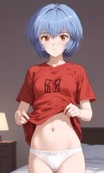 ai_generated blue_hair midriff navel neon_genesis_evangelion petite red_eyes rei_ayanami shirt shirt_lift skinny underwear undressing white_panties