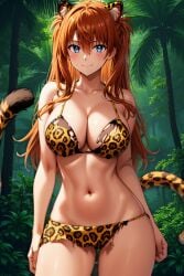 1girl ai_generated animal_ear_fluff animal_ears animal_print animal_tail asuka_langley_sohryu bangs bare_arms bare_shoulders bikini blue_eyes blush breasts brown_hair cat_ears clavicle cleavage closed_mouth clothing day female female_only forest hair_between_eyes hair_ornament halterneck interface_headset kemonomimi_mode large_breasts leopard_ears leopard_print leopard_tail linea_alba long_hair looking_at_viewer medium_breasts nature navel neon_genesis_evangelion orange_hair outdoors palm_tree plant print_bikini rena_aikawa_(pixiv_user) sarong sky smile solo standing stomach swimsuit tail thighs tree underwear very_long_hair