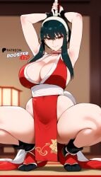 ai_generated bare_shoulders bed bedroom big_breasts boosterred99 cosplay earrings female green_hair hair hairband indoors king_of_fighters large_breasts legs, mai_shiranui pony_diffusion_xl red_eyes spy_x_family squat squatting yor_briar yor_forger