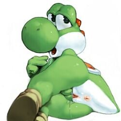 1girls anthro anus ass brown_shoes drool female fingering footwear green_skin koki looking_at_viewer mario_(series) masturbation nintendo plump_labia pussy pussy_juice saddle saliva shoes tail white_background yoshi