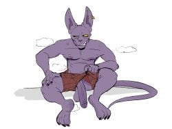 4:3 balls beerus bodily_fluids bottomwear claws clothing digital_drawing_(artwork) digital_media_(artwork) dragon_ball dragon_ball_super ear_piercing ear_ring foreskin genitals hi_res male penis piercing purple_body ring_piercing shorts simple_background solo stinkdierr sweat tail white_background