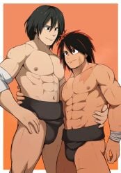 0027woo 2boys abs bandage bandaged_wrist big_areola black_eyes black_fundoshi black_hair duo elbow_pads fundoshi fundoshi_only gay hand_on_back height_difference hi_res hinomaru_ushio hinomaru_zumou kirihito_tsuji long_hair looking_at_another looking_down looking_up mature_male mawashi muscles muscular muscular_arms muscular_legs muscular_male muscular_thighs navel no_body_hair orange_background pecs red_eyes red_hair scar scar_on_arms scar_on_chest scar_on_face scar_on_shoulder scar_on_stomach six_pack smile standing sumo topless tough_guy white_border yaoi young