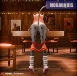 3d_(artwork) absurd_res anthro anus ass clothing digital_media_(artwork) felid female footwear genitals hi_res hooters hooters_uniform mammal momo_(monarquis) monarquis pantherine panties pubes pussy snow_leopard socks solo underwear