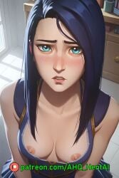 1girls ahq_hentai ai_generated arcane arcane_caitlyn blue_hair blush breasts caitlyn_kiramman dress exposed_breasts league_of_legends medium_breasts nipples nsfw shy solo_female stable_diffusion