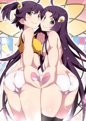 ahoge araragi_karen araragi_tsukihi ass bare_arms bare_belly bare_legs bare_shoulders bare_thighs black_eyes black_thighhighs blush body_blush breasts breasts_squeezed_together butt_crack closed_mouth gesugesu_ahoaho hair_ornament heart_hands medium_breasts monogatari_(series) no_bra panties ponytail purple_hair short_hair sideboob sisters smile sports_bra thighhighs thighs topless twins underwear very_long_hair white_panties