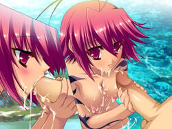 antenna_hair back barefoot blush breasts female game_cg hongou_kazuto katagiri_hinata koihime†_(series) koihime_musou nipples nude outdoors penis pink_eyes pink_hair red_eyes ryofu_housen_(koihime) short_hair tattoo water wet