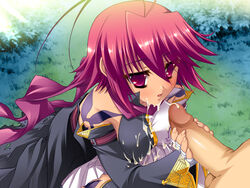 antenna_hair blush female game_cg hongou_kazuto katagiri_hinata koihime†_(series) koihime_musou outdoors penis pink_eyes pink_hair red_eyes ryofu_housen_(koihime) short_hair tattoo