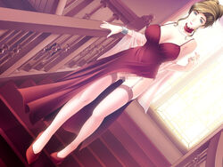 blue_eyes bracelet breasts brown_hair censored cleavage dress female game_cg hair high_heels jewelry kusatsu_terunyo large_breasts lipstick milf nail_polish pussy ring solo staircase stairs stockings thighhighs upskirt yakata_jukujo_~the_immoral_residence~ yotsuya_akie