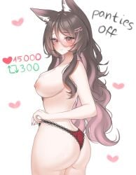 1girls almost_naked animal_ears arraveri_(artist) arraveri_(vtuber) ass ass_focus back breasts english_text exposed_top female female_focus female_only fox_ears fox_girl heart light-skinned_female light_skin like_and_retweet like_icon lingerie_panties long_hair looking_at_viewer nipples no_bra pink_eyes red_panties retweet_icon side_view sideboob very_long_hair white_background