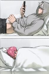 2boys bed censored_penis gay grey_hair hoodie jerking jerking_off jerkingoff looking_at_porn masturbation original_character peeking phone pink_hair pretending_to_be_unaware sleeping