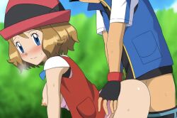 blue_eyes blush canon_couple from_behind from_behind_position light-skinned_female light-skinned_male love nintendo on_model pokemon satoshi_(pokemon) serena_(pokemon) wholesome